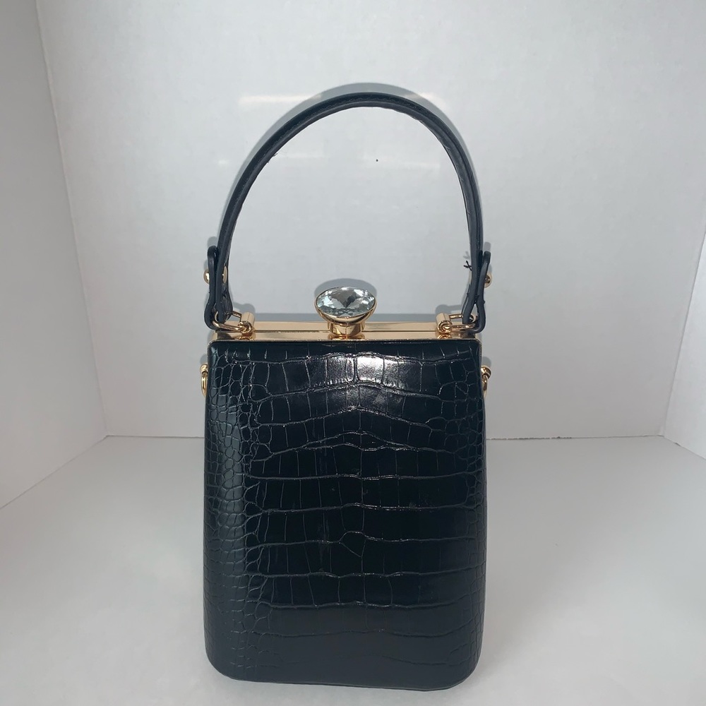 Top Handle Black Mini Croc Effect Leather Tote